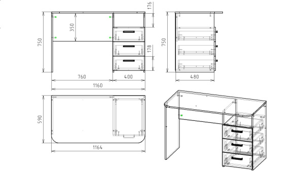 Стол коллекции Престиж с 3 ящиками  от Династия Kids