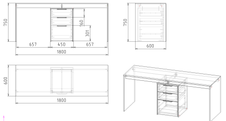 Стол для 2 детей Тандем 1800 мм (корпус дуб золотистый + фасады белые)  от Династия Kids