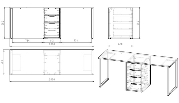 Стол Дуэт 2000 мм (белый + опоры черные). Столешница 22 мм от Династия Kids