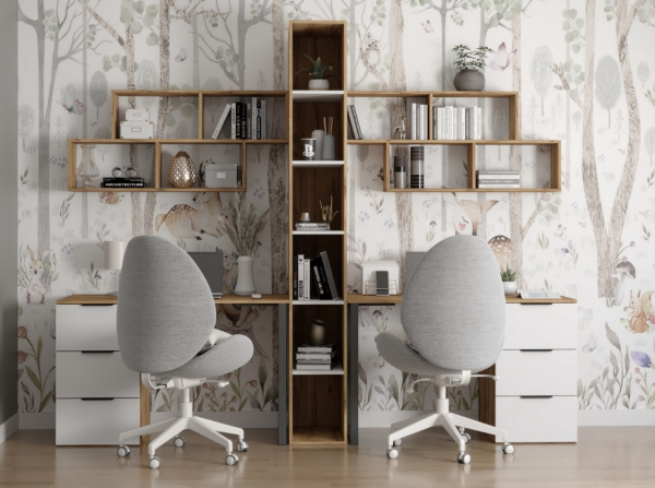 Комплект для 2 детей Брайт Золотистый: стол 2 шт. + стеллаж + полки 2 шт.