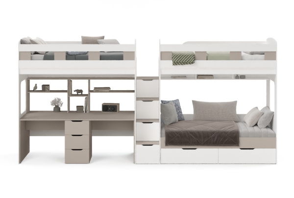 Кровать 3-х ярусная Квартет + стол для 2 детей (велюр + белый)