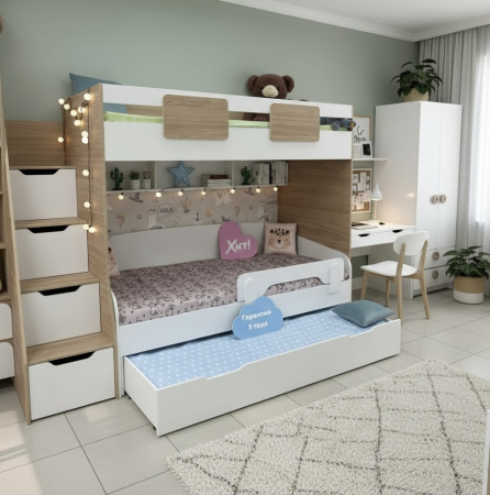 Кровать-чердак Мозаика + кровать Двушка (цвет белый) 190х90  от Династия Kids