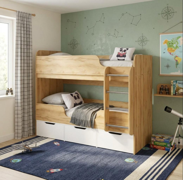 Кровать 2-х ярусная Малыши Двойняшки 180х80 (дуб золотистый + белый) от Династия Kids