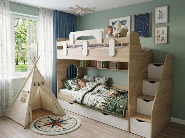 Кровать 2-х ярусная Фортуна (дуб сонома + белый)  от Династия Kids